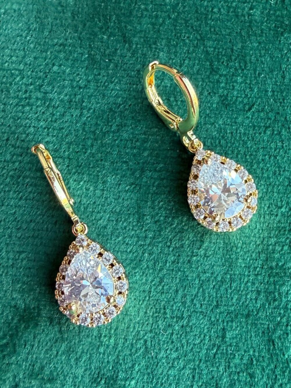 14K Gold Plated Pear Halo Drop Earrings Huggie Lever Back Hoops Clear Teardrop
